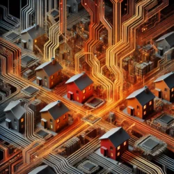 DALL·E-2024-09-01-14.29.23-An-abstract-image-featuring-computer-circuits-intricately-wired-to-houses-with-FF4500-vivid-orange-red-as-the-main-color-theme.-The-circuits-shoul